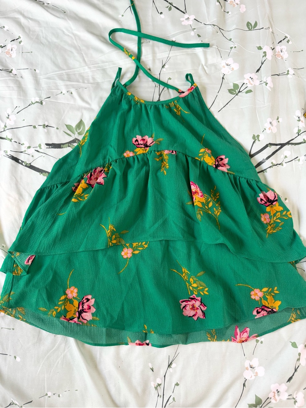 Timing Green Floral Halter Camisole with Pink Blooms